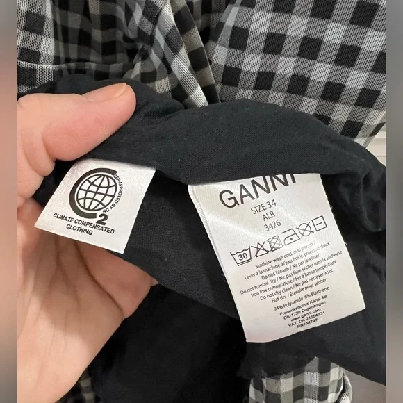 GANNI Gingham Ruffled Mesh Mini Dress In Black - Size 34 US 2 - Picture 5 of 9